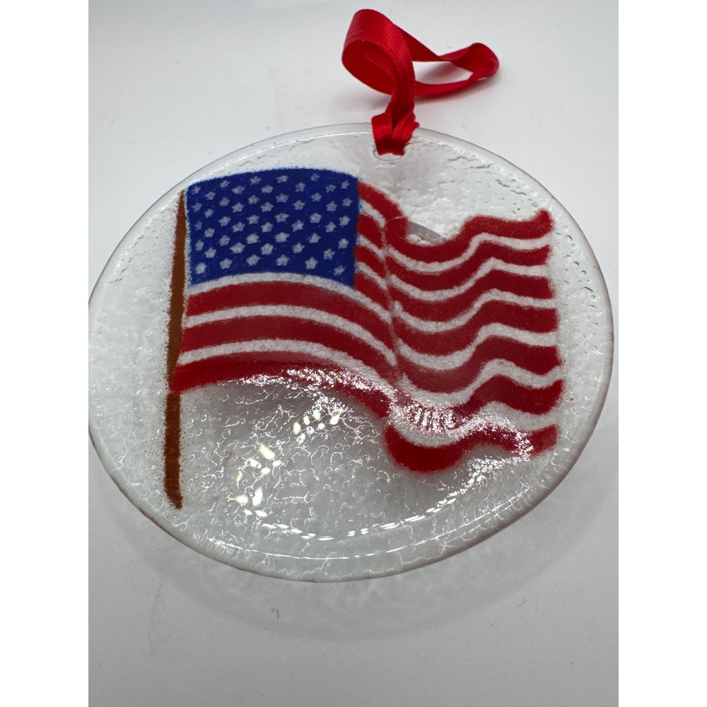 Peggy Karr Fused Glass American Flag Ornament Waving Stars and Stripes 3.25"
